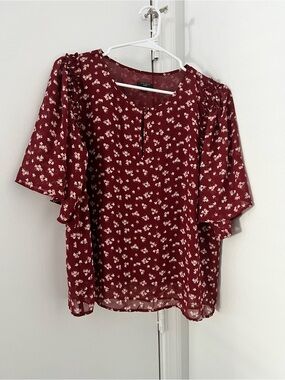 Ann Taylor Burgundy Floral Split-Neck Blouse